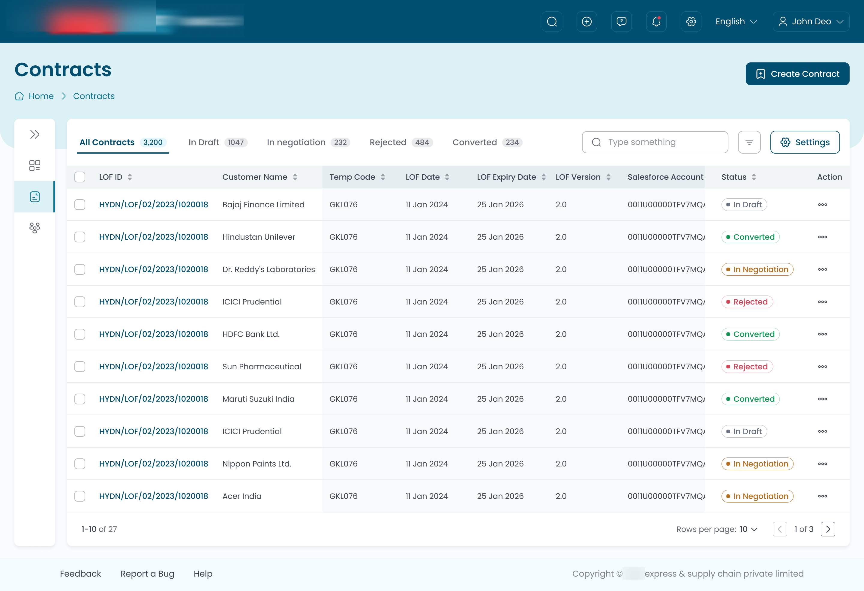 Contracts list with status tabs