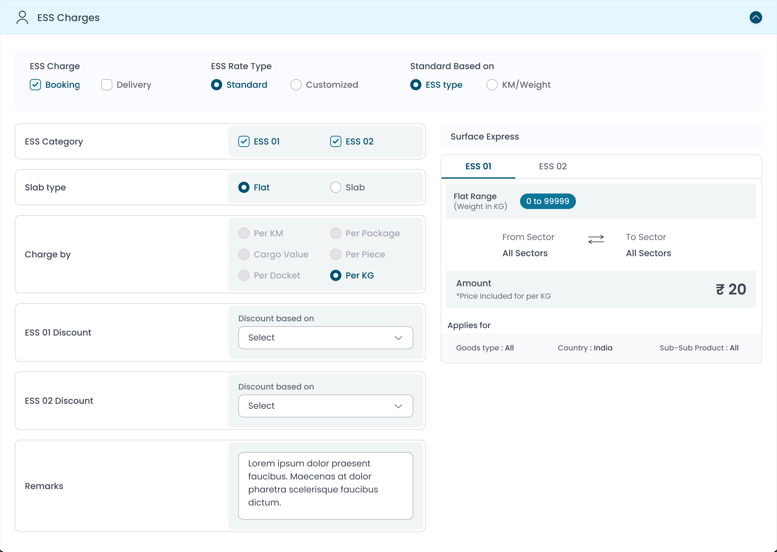 ESS Charges rate configuration panel