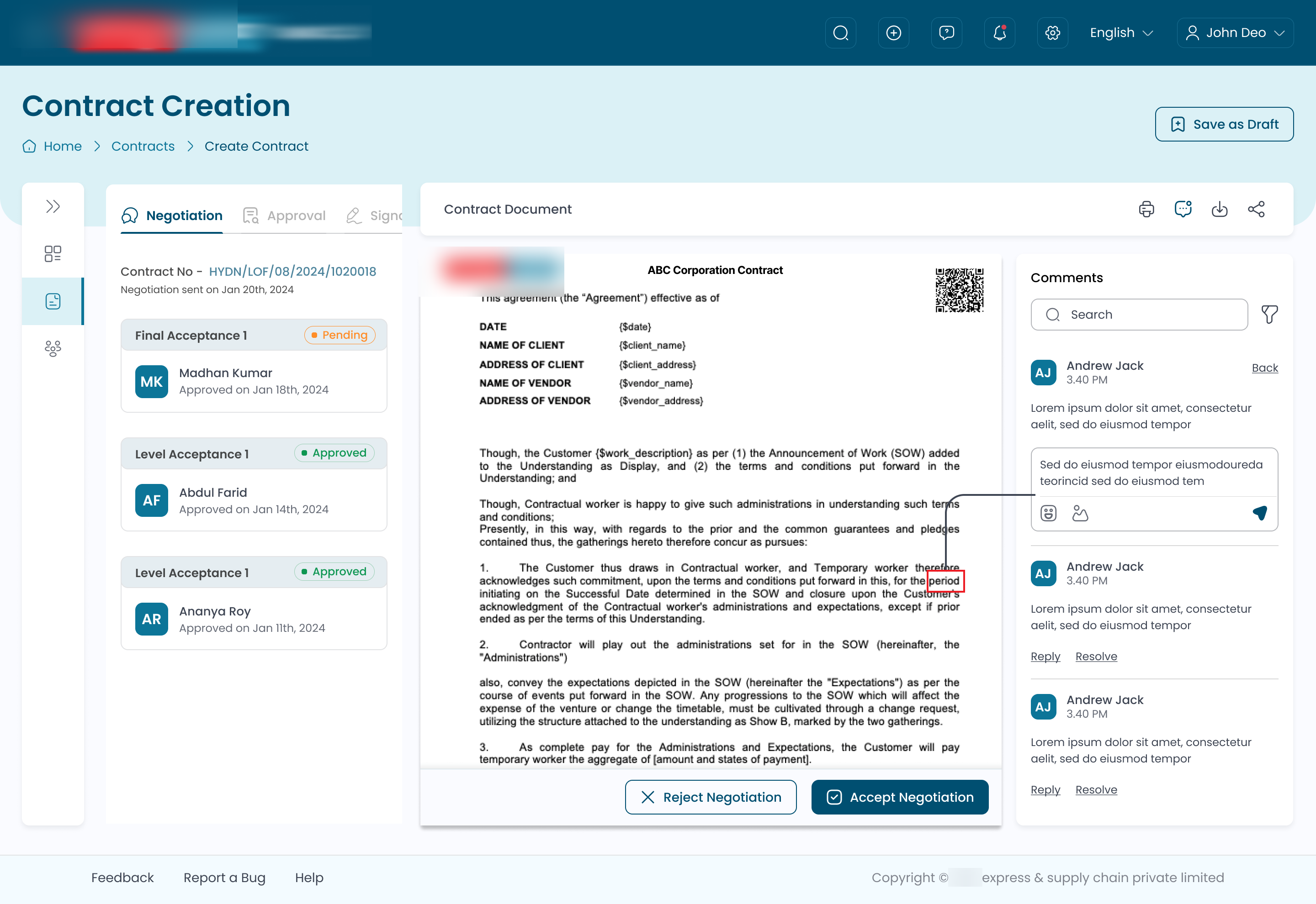 Negotiation screen, inline comments on contract clauses