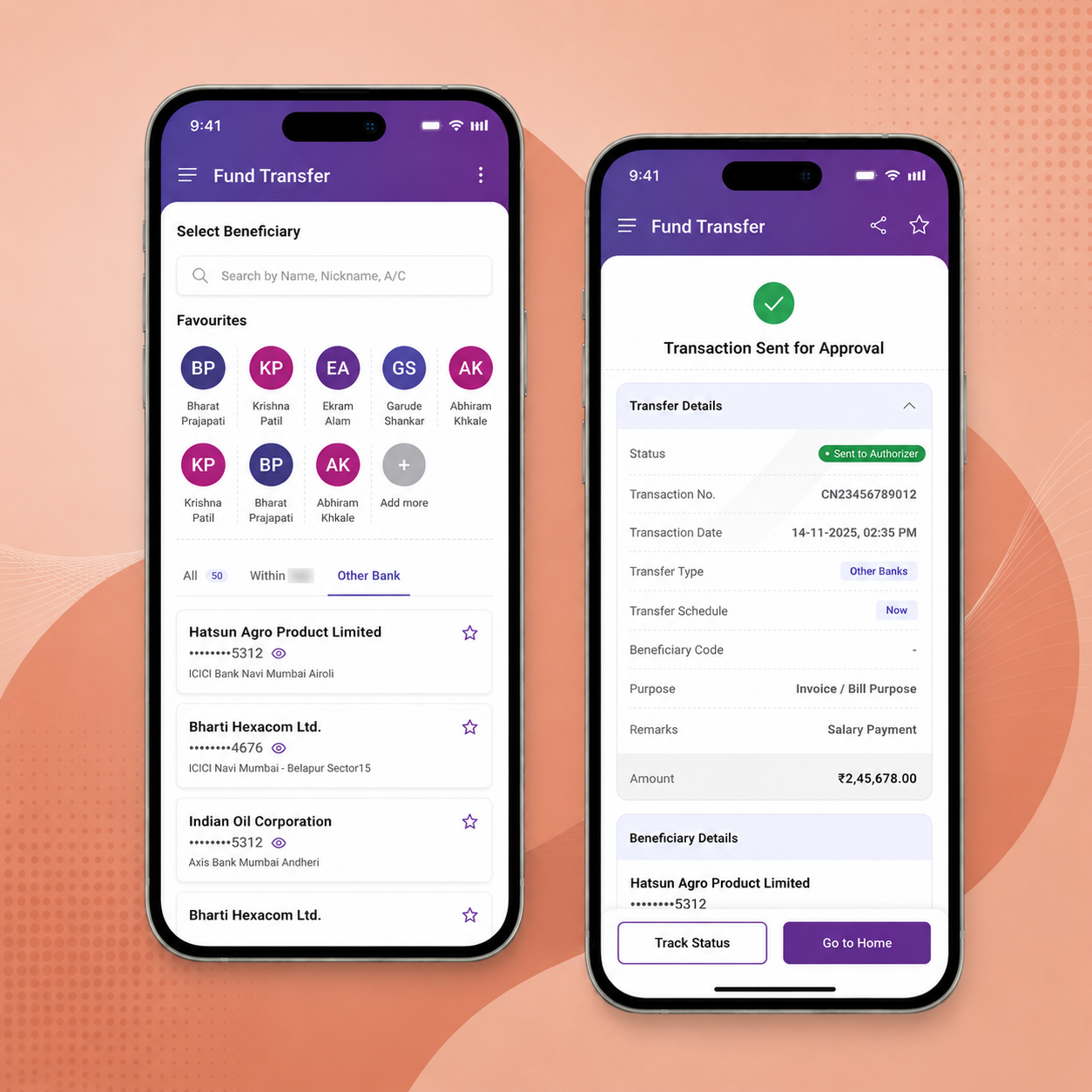 Corporate payments app, fund transfer and approval screens