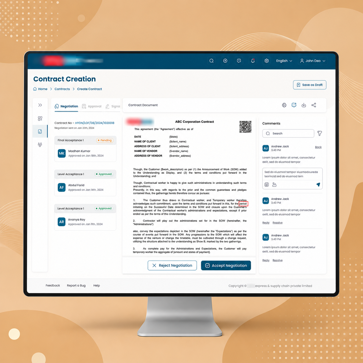 Customer contracts module, negotiation and document screens