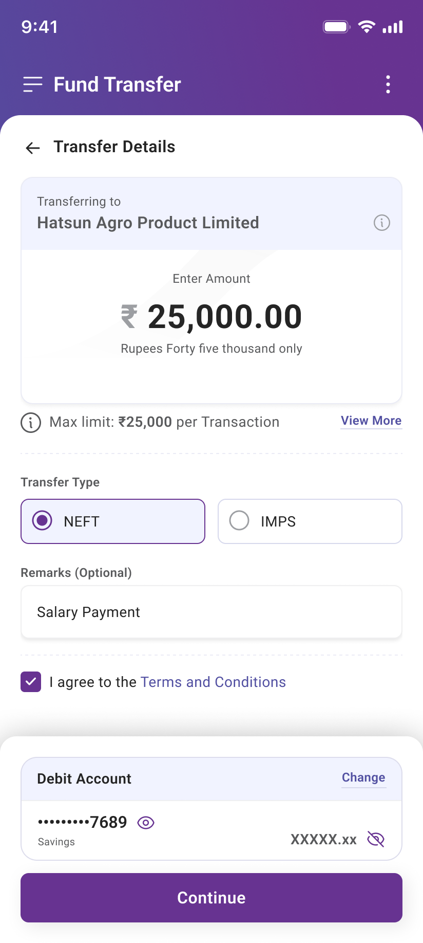 Transfer details screen